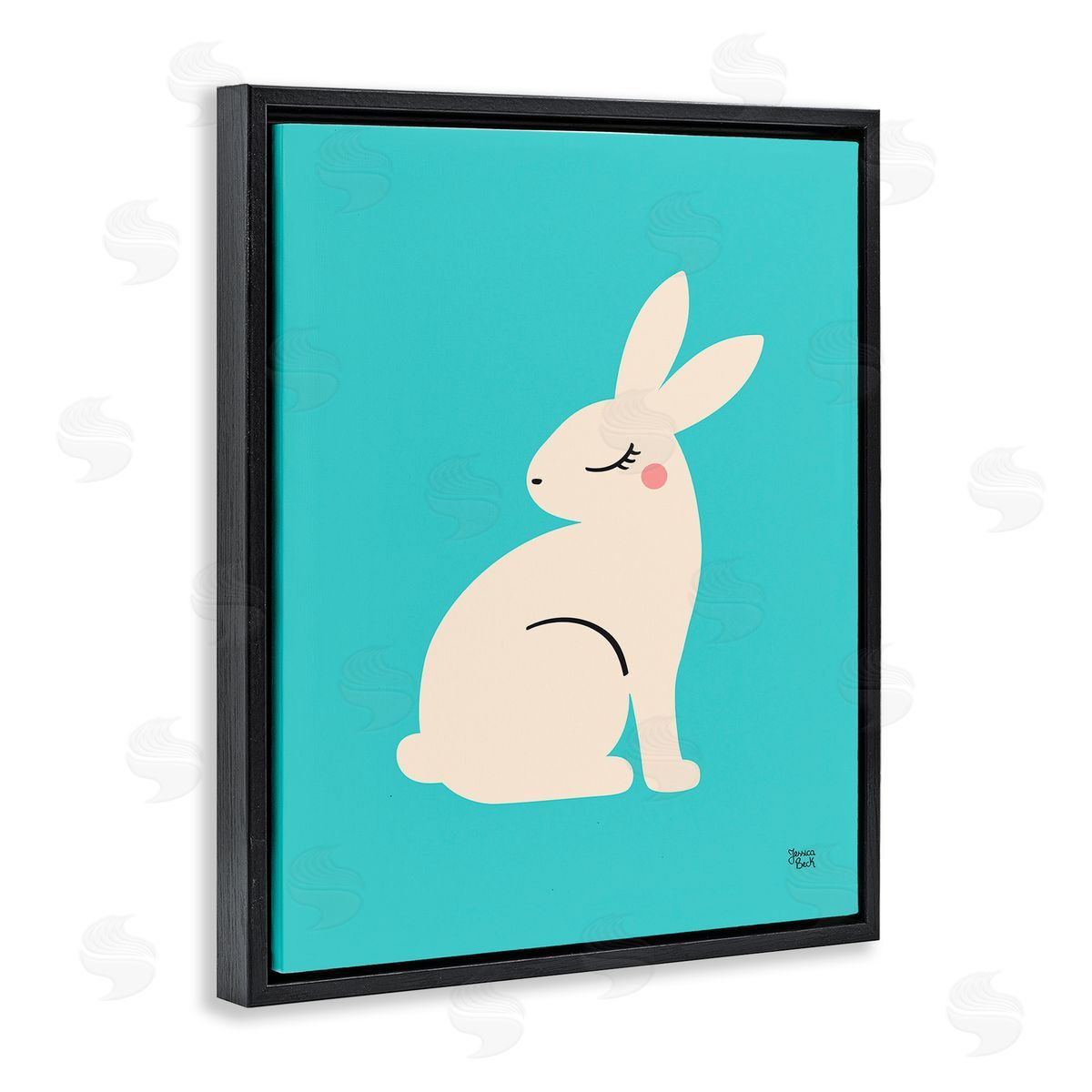 Blushing Rabbit on Blue Black Floating Frame Canvas Wall Art, Home Decor by Jessica Beck