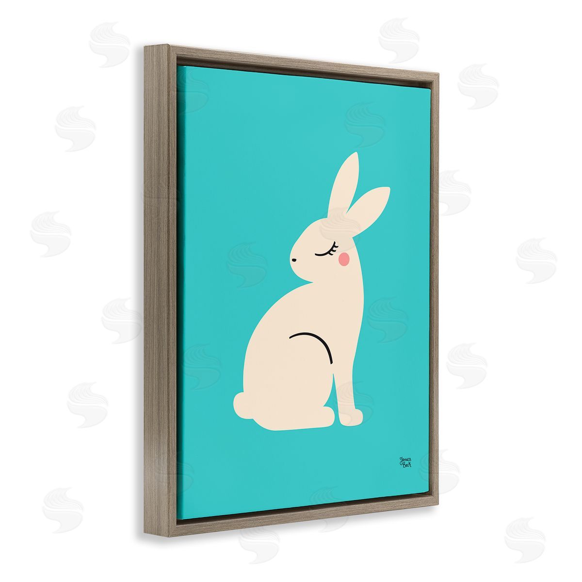 Blushing Rabbit on Blue Brown Floating Frame Canvas Wall Art, Home Decor by Jessica Beck