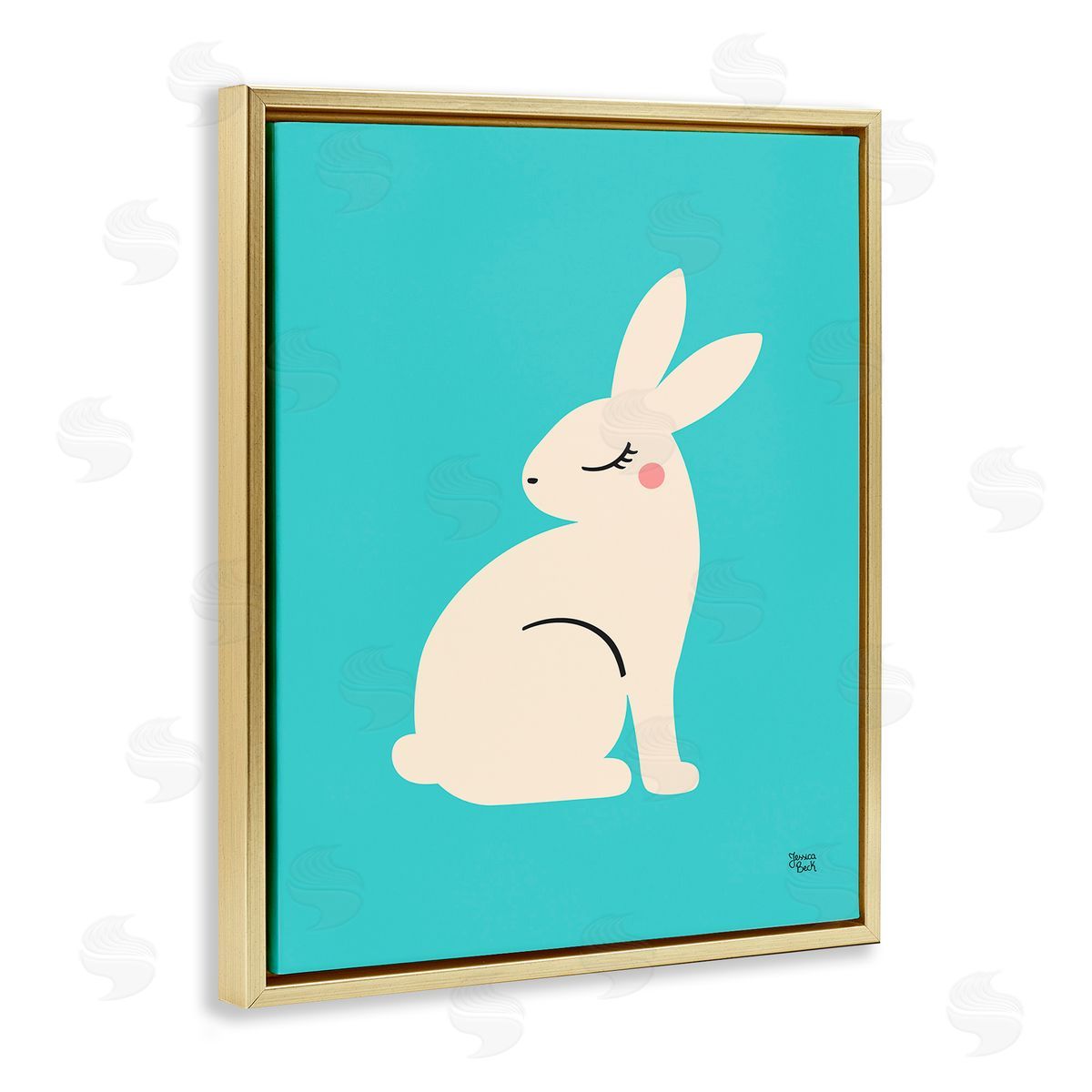 Blushing Rabbit on Blue Gold Floating Frame Canvas Wall Art, Home Decor by Jessica Beck