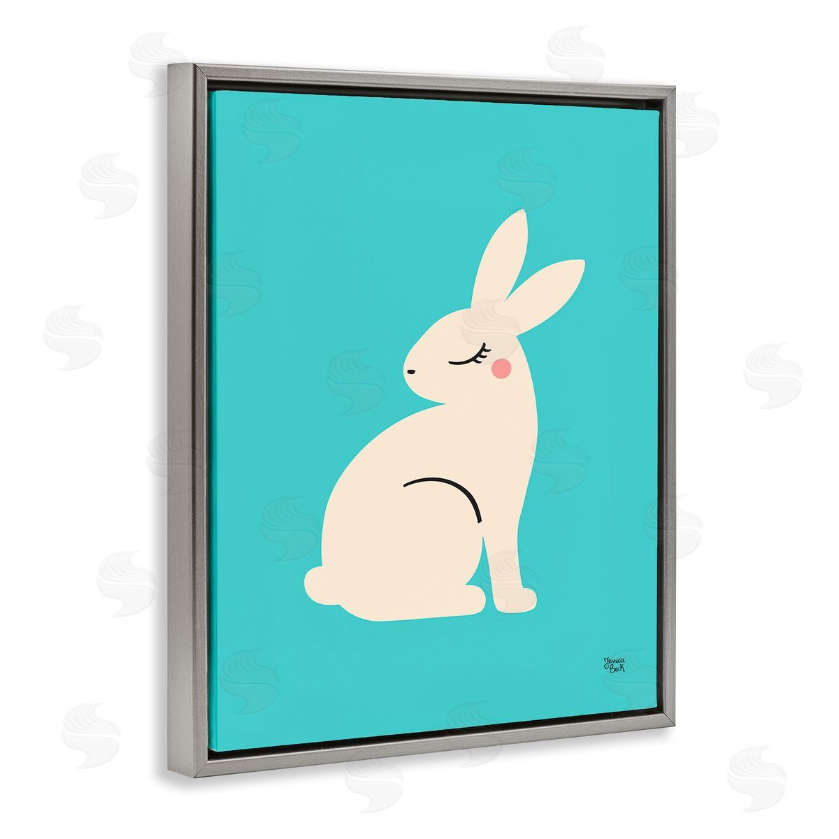Blushing Rabbit on Blue Grey Floating Frame Canvas Wall Art, Home Decor by Jessica Beck