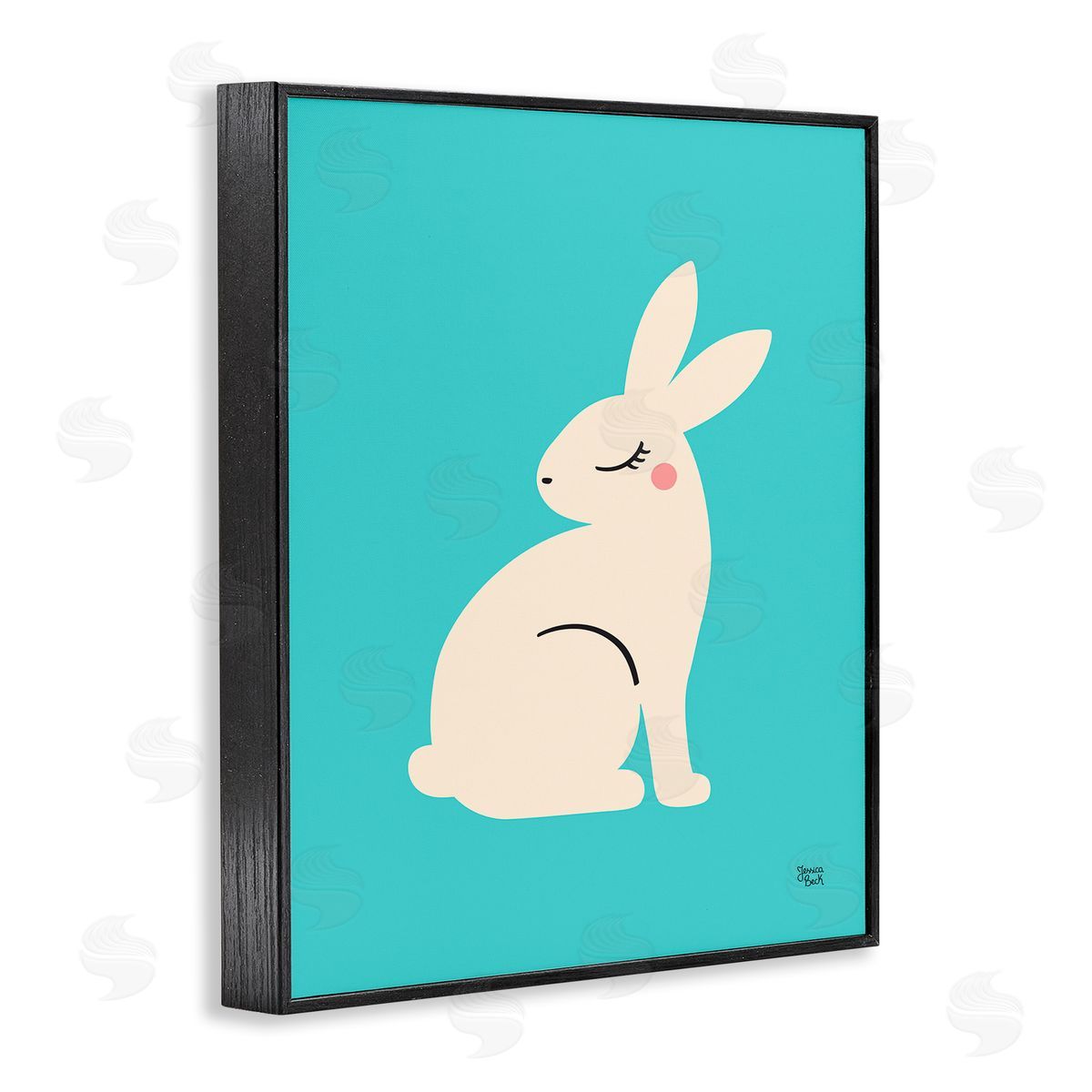 Blushing Rabbit on Blue Black Frame Print Wall Art, Home Decor by Jessica Beck