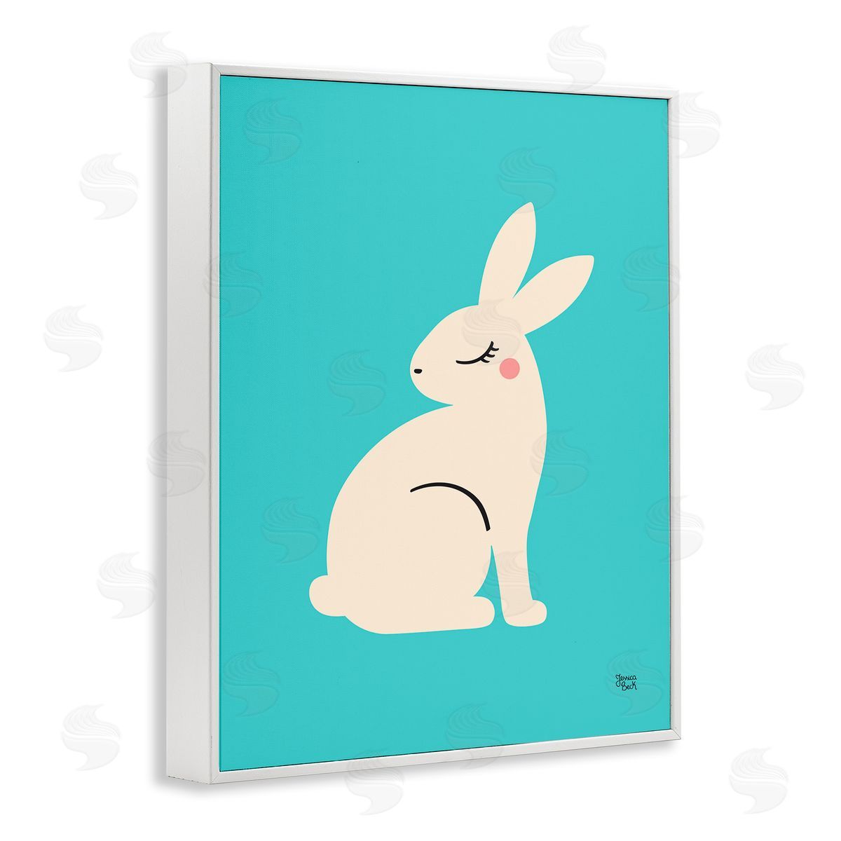 Blushing Rabbit on Blue White Frame Print Wall Art, Home Decor by Jessica Beck