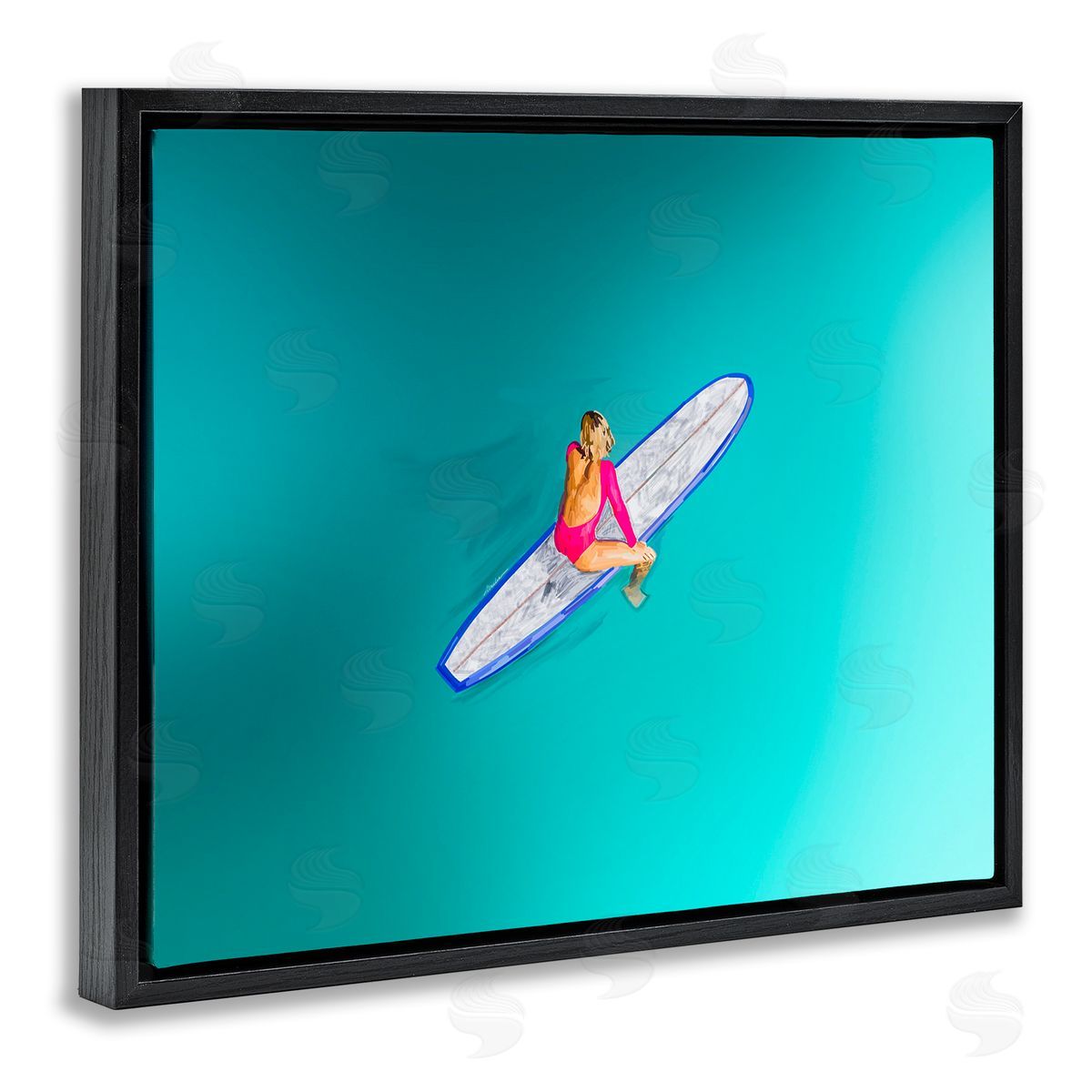 Amelia Noyes Sitting on Peaceful Surfboard Black Floating Frame Canvas Wall Art Print