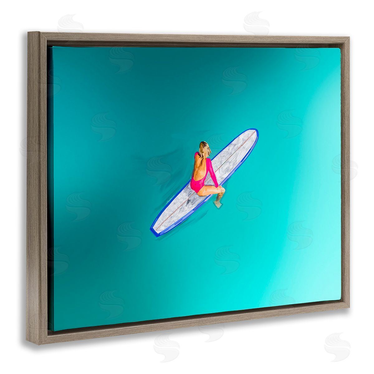 Amelia Noyes Sitting on Peaceful Surfboard Brown Floating Frame Canvas Wall Art Print