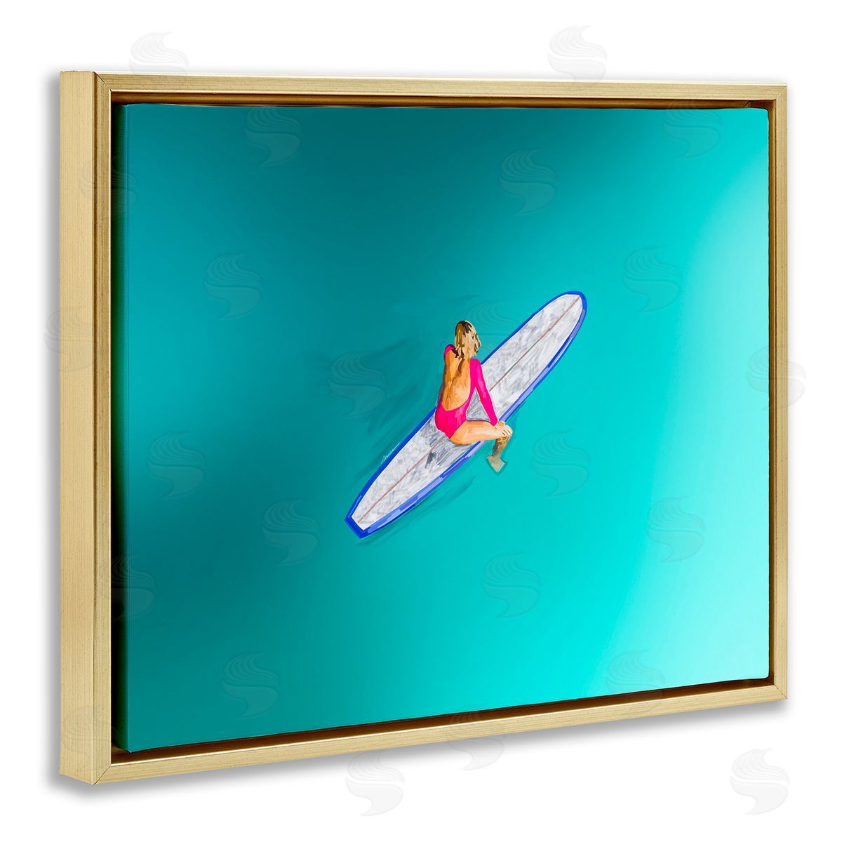 Amelia Noyes Sitting on Peaceful Surfboard Gold Floating Frame Canvas Wall Art Print