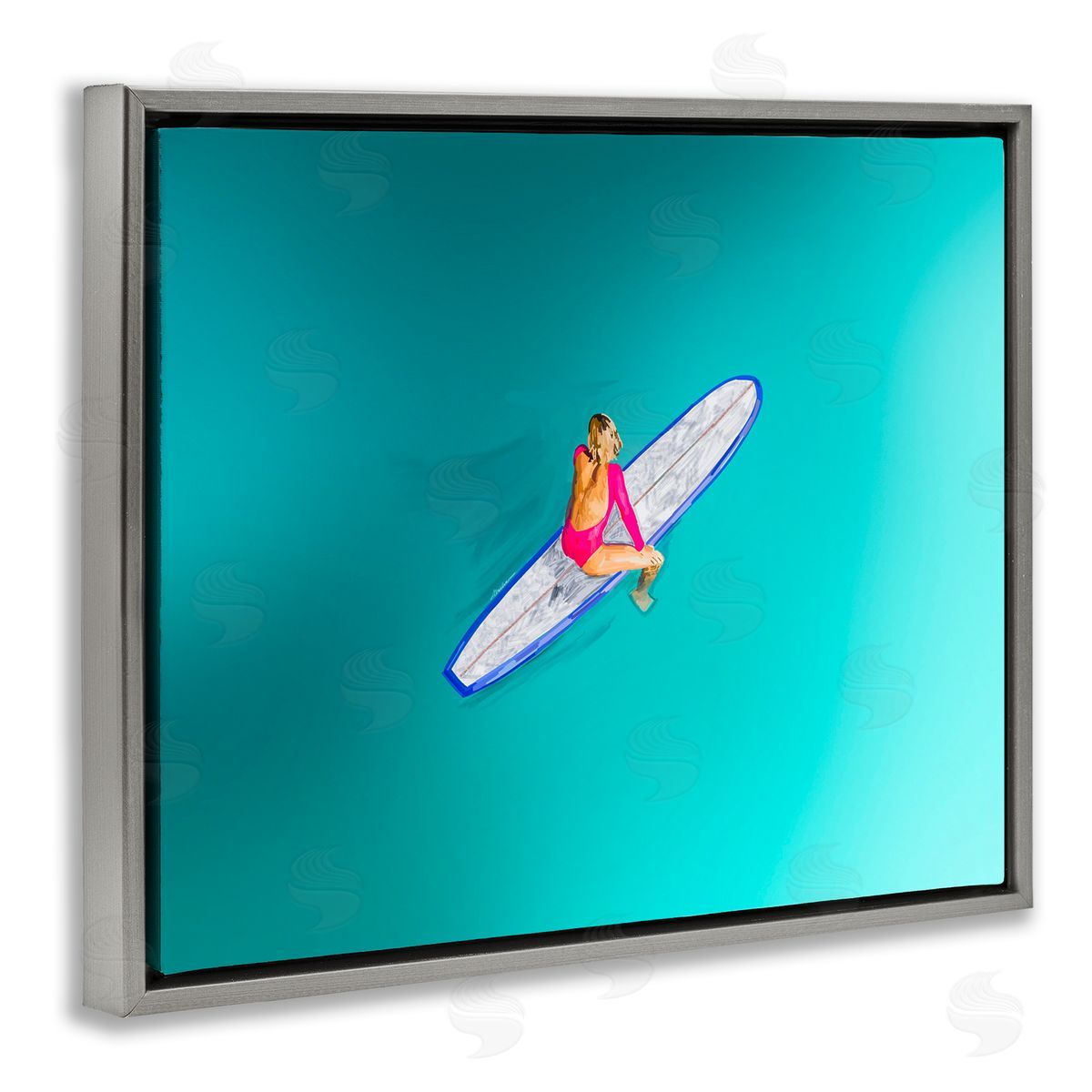 Amelia Noyes Sitting on Peaceful Surfboard Gray Floating Frame Canvas Wall Art Print