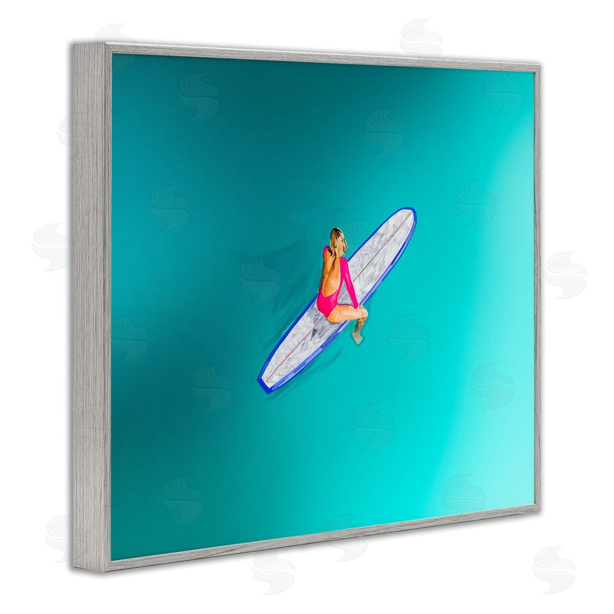 Amelia Noyes Sitting on Peaceful Surfboard Gray Framed Giclee Wall Art Print
