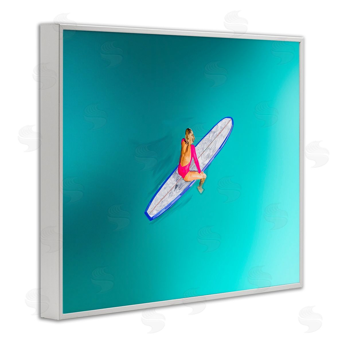 Amelia Noyes Sitting on Peaceful Surfboard White Framed Giclee Wall Art Print