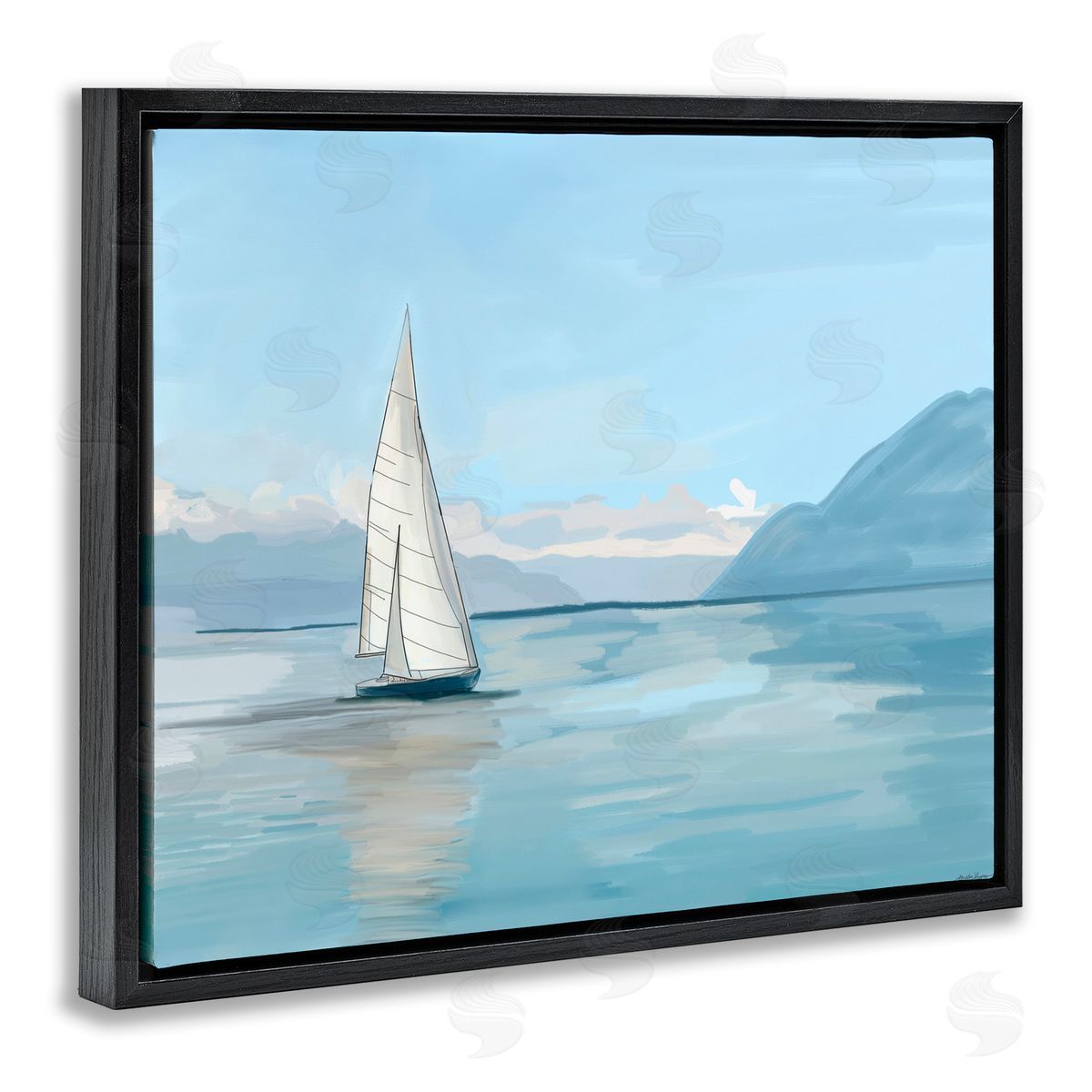 Amelia Noyes Peaceful Sailboat on Water Black Floating Frame Canvas Wall Art Print