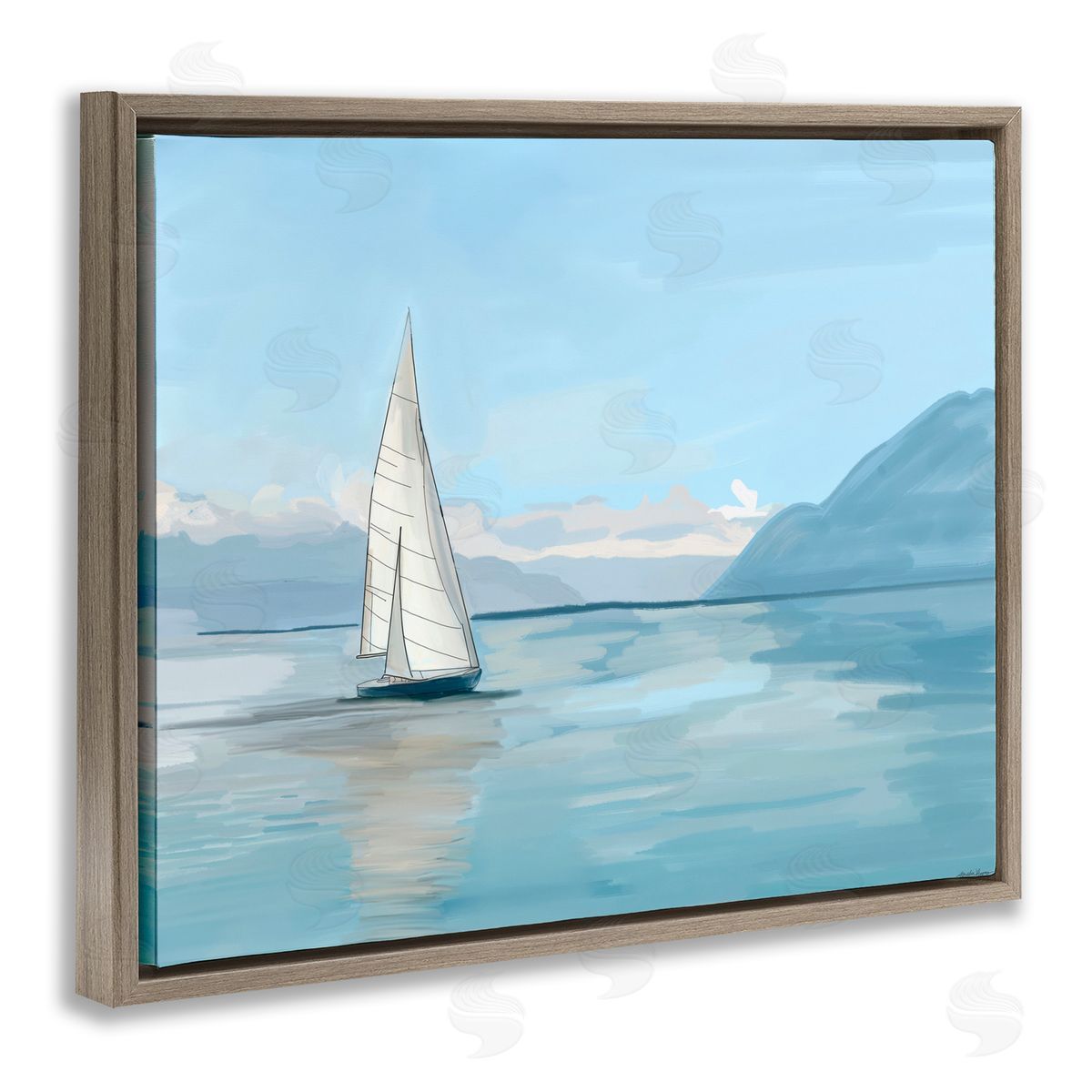 Amelia Noyes Peaceful Sailboat on Water Brown Floating Frame Canvas Wall Art Print