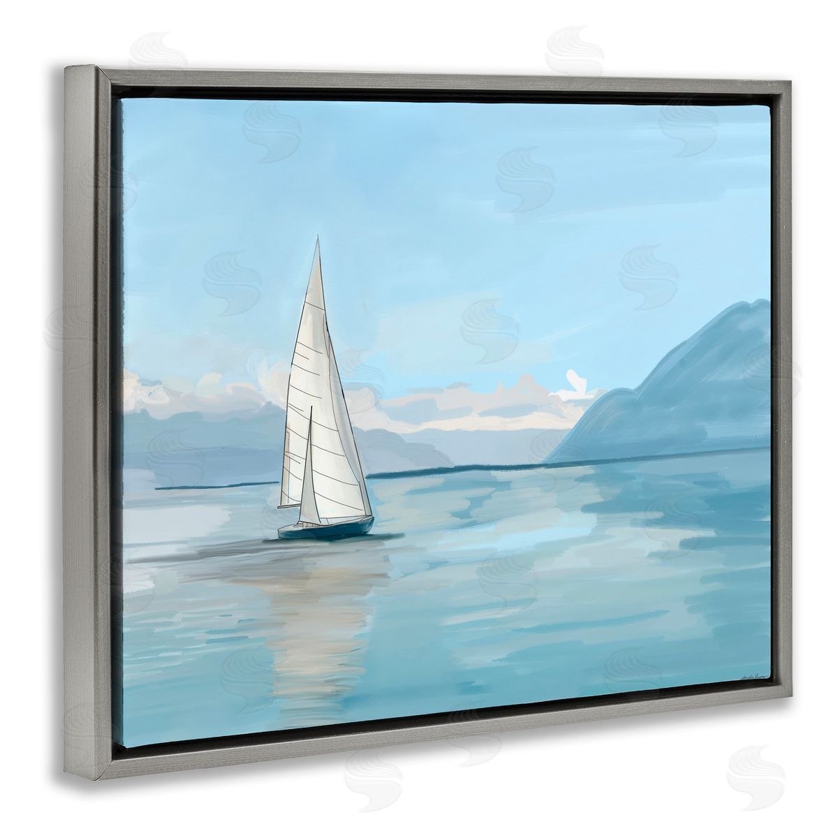 Amelia Noyes Peaceful Sailboat on Water Gray Floating Frame Canvas Wall Art Print