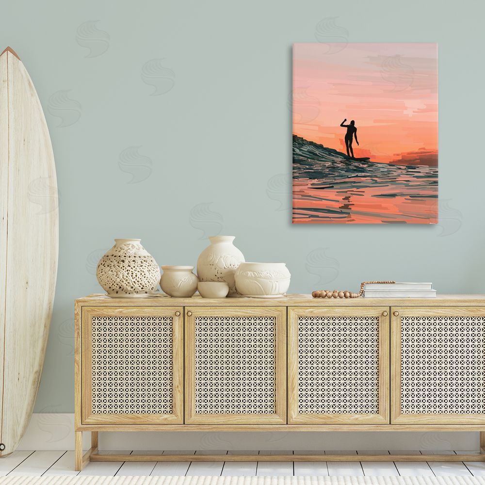 Amelia Noyes Woman Surfing at Sunset Canvas Wall Art Print in Room
