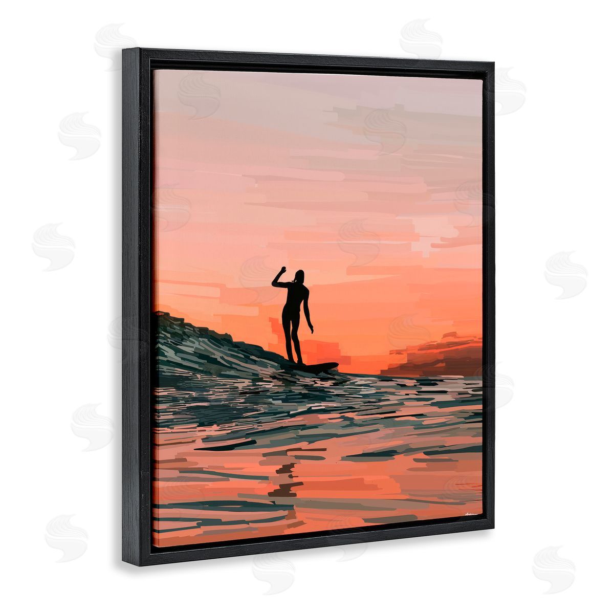 Amelia Noyes Woman Surfing at Sunset Black Floating Frame Canvas Wall Art Print