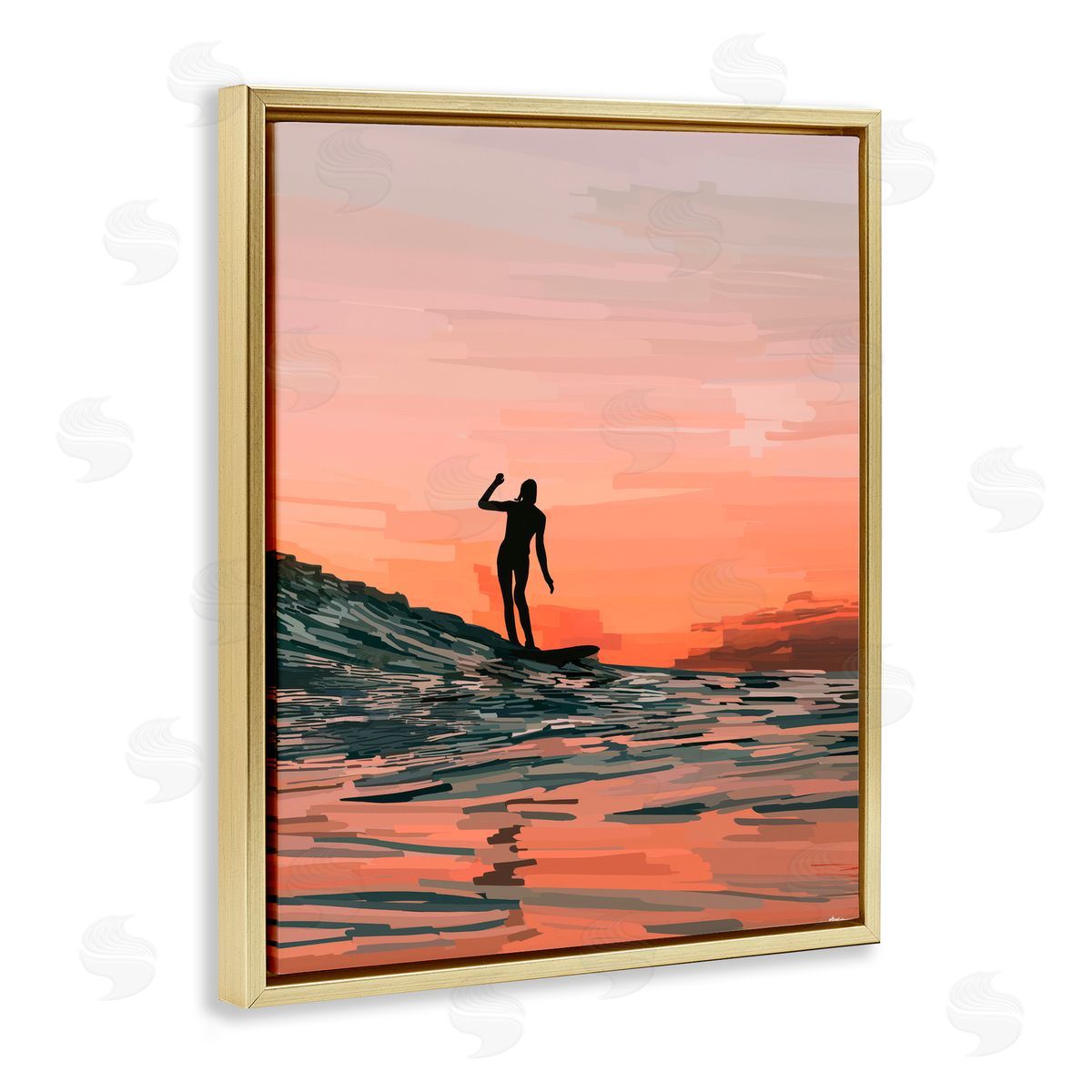 Amelia Noyes Woman Surfing at Sunset Gold Floating Frame Canvas Wall Art Print