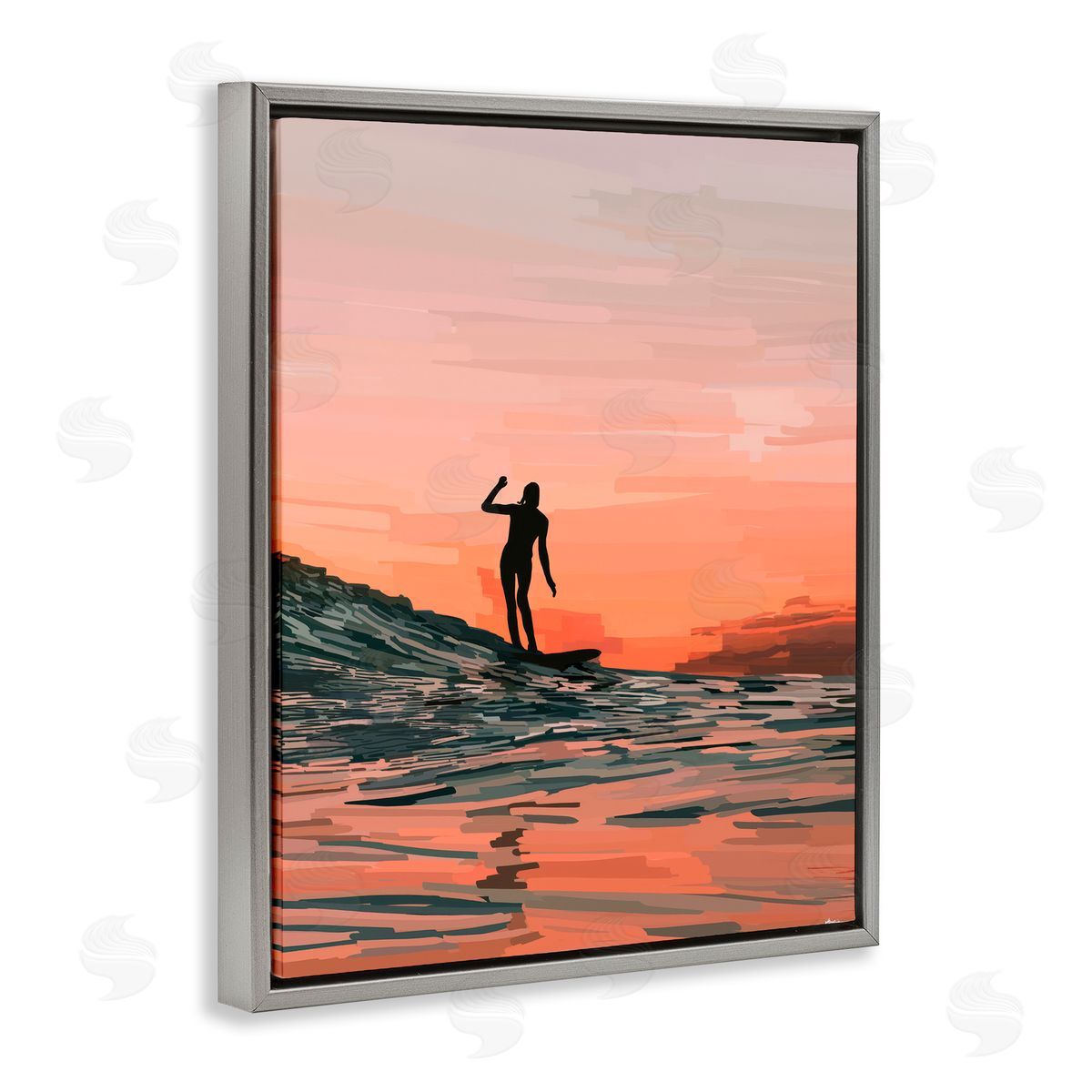 Amelia Noyes Woman Surfing at Sunset Gray Floating Frame Canvas Wall Art Print