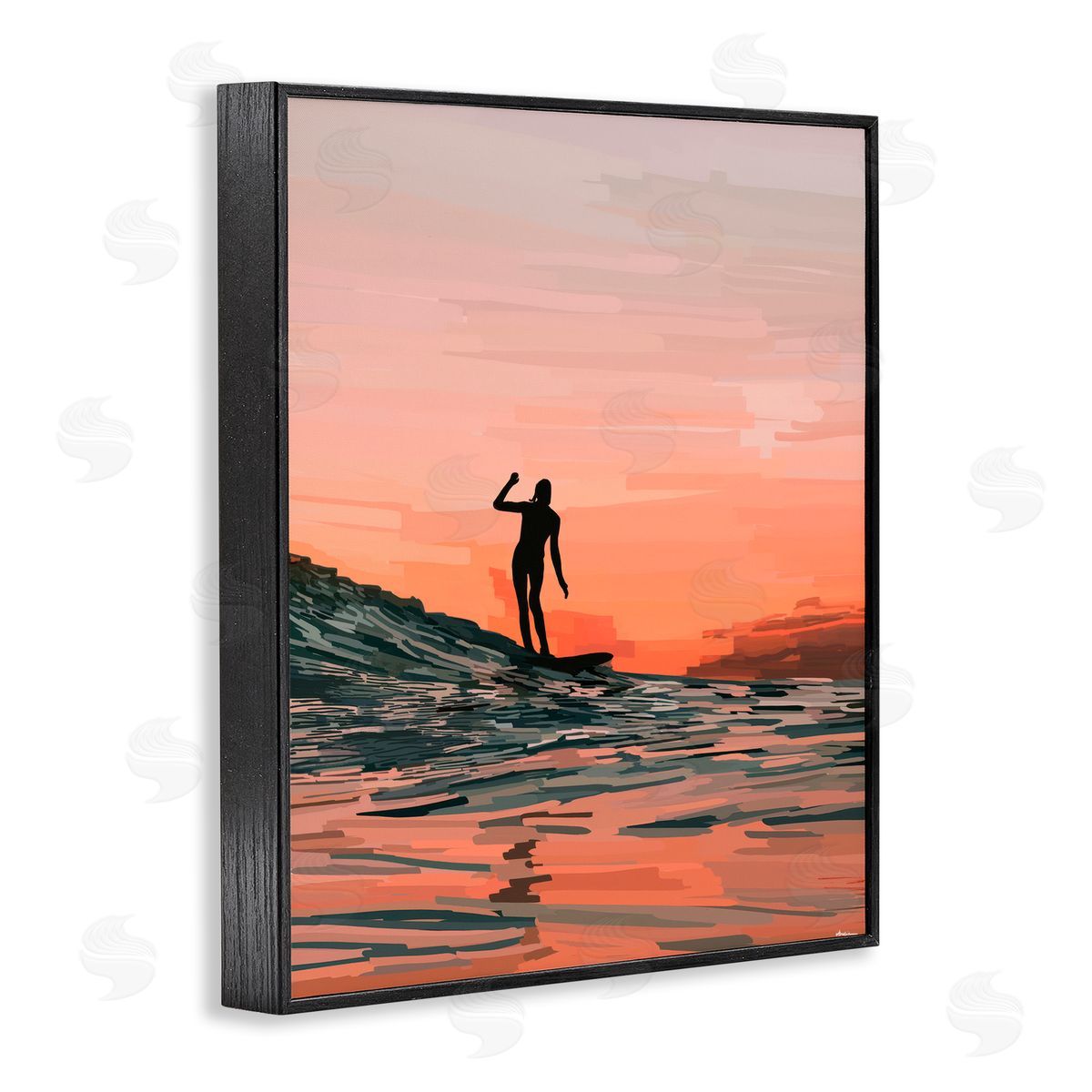 Amelia Noyes Woman Surfing at Sunset Black Framed Giclee Wall Art Print