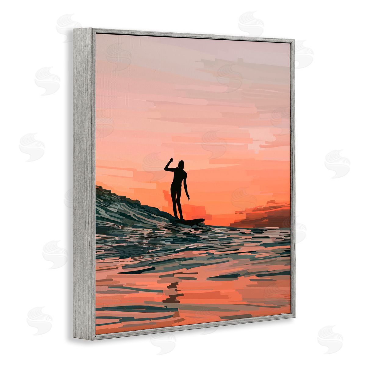 Amelia Noyes Woman Surfing at Sunset Gray Framed Giclee Wall Art Print