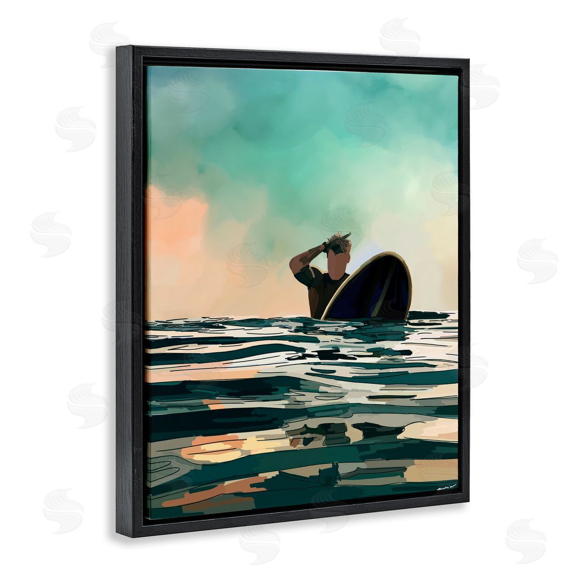 Amelia Noyes Surfer with Ocean Reflection Black Floating Frame Canvas Wall Art Print