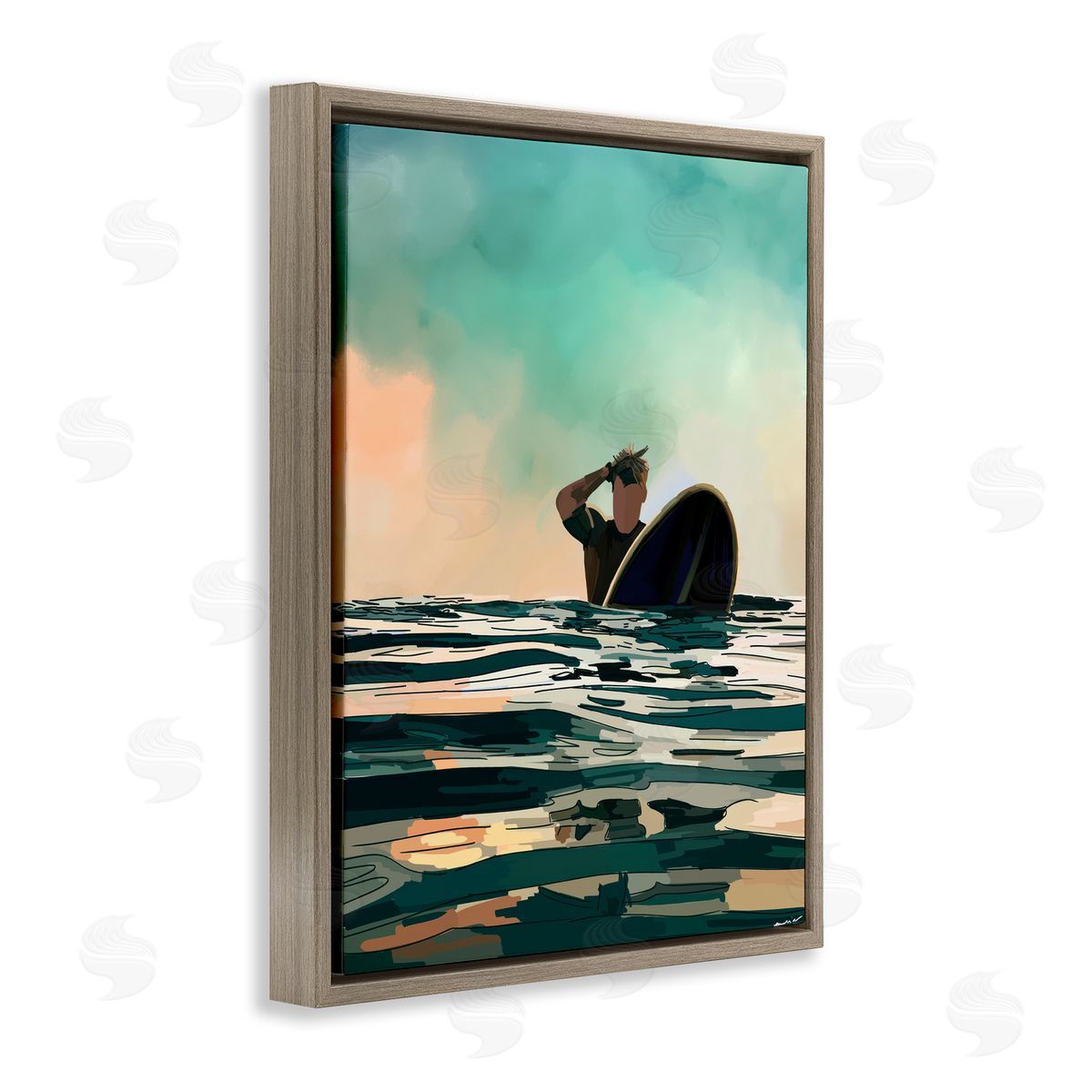 Amelia Noyes Surfer with Ocean Reflection Brown Floating Frame Canvas Wall Art Print
