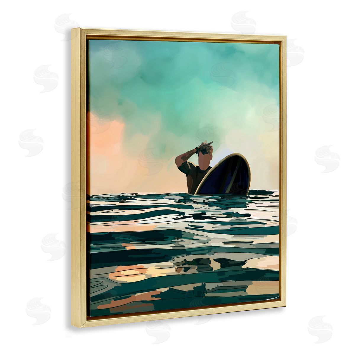 Amelia Noyes Surfer with Ocean Reflection Gold Floating Frame Canvas Wall Art Print