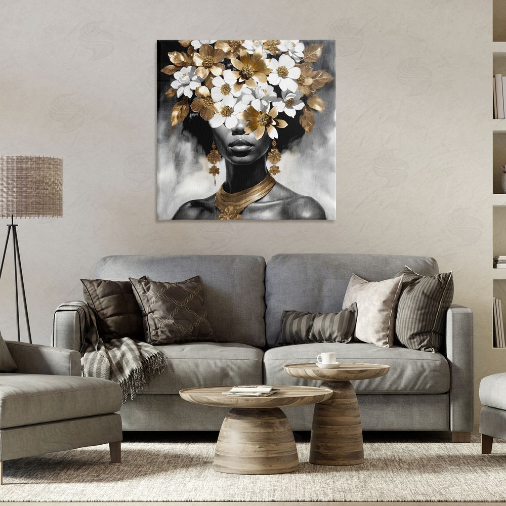Kim Allen Woman & Gold Flowers Canvas Wall Art Print in Room