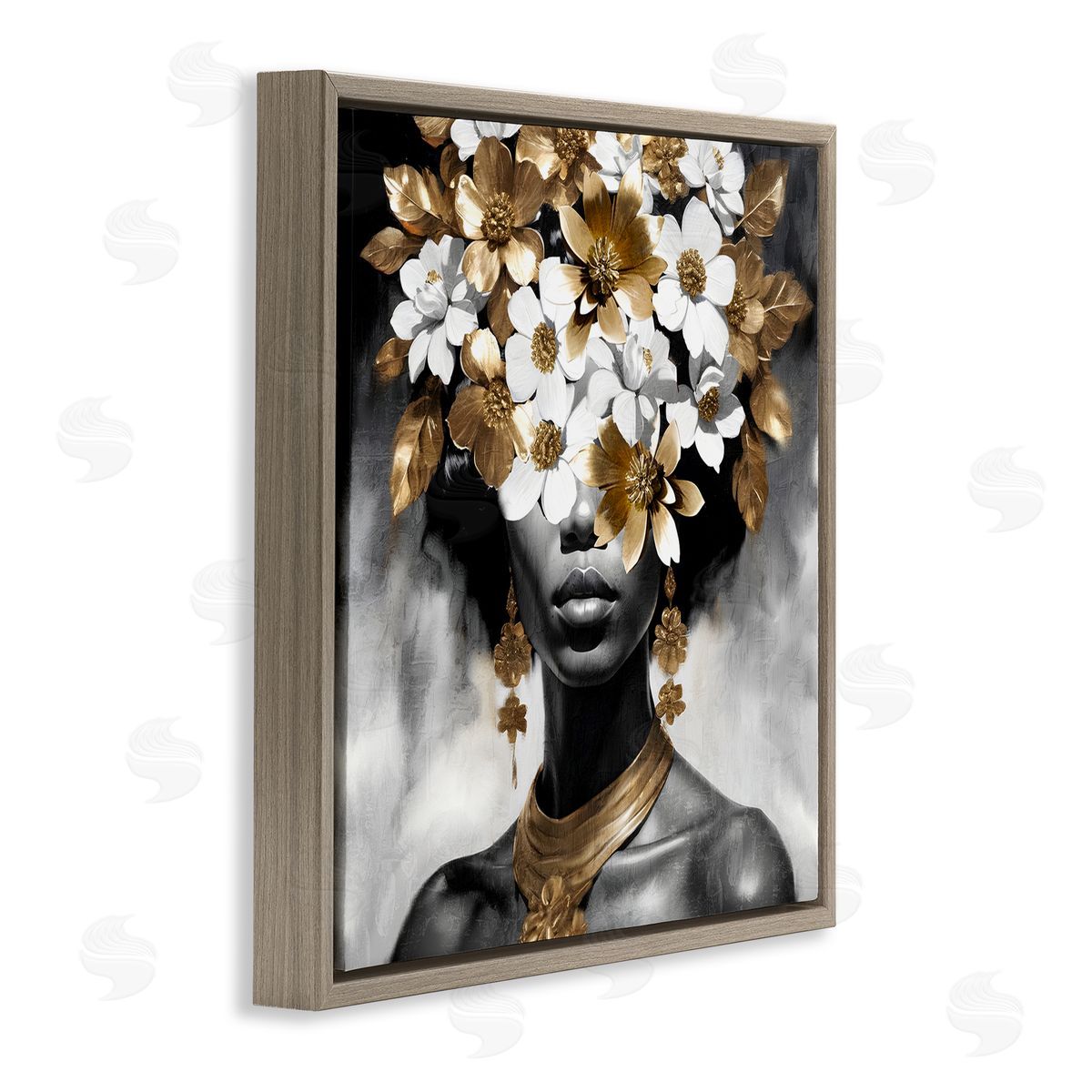 Kim Allen Woman & Gold Flowers Brown Floating Frame Canvas Wall Art Print