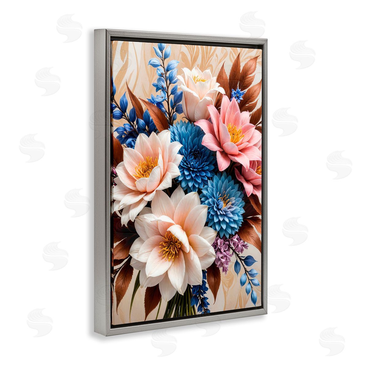 Yuri Khrushch Pink & Blue Mixed Bouquet Gray Floating Frame Canvas Wall Art Print