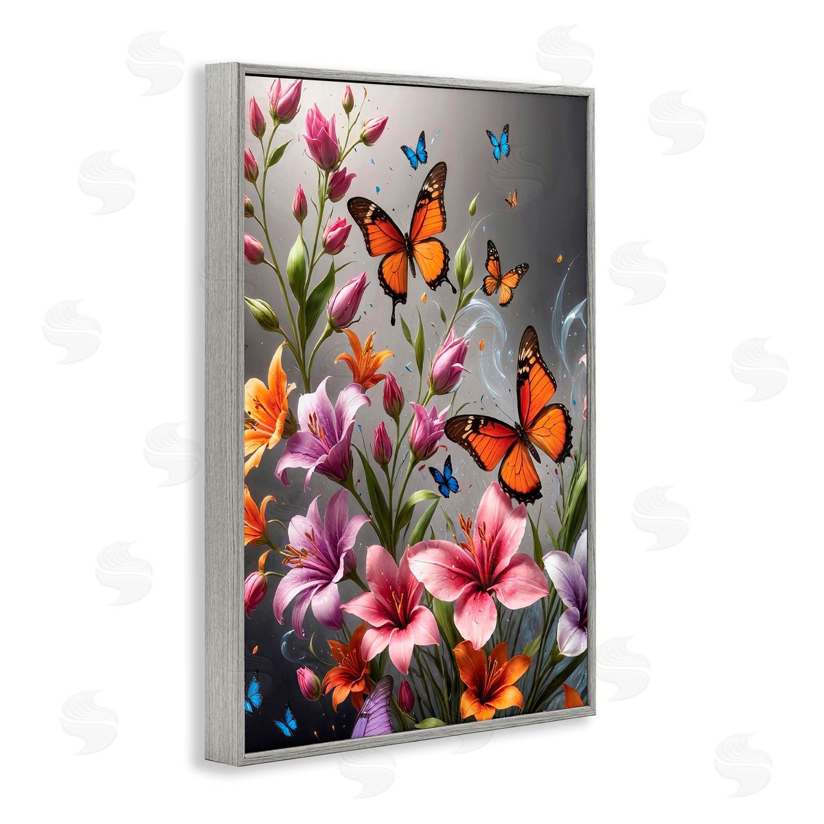 Yuri Khrushch Monarch Butterflies & Lilies Gray Framed Giclee Wall Art Print