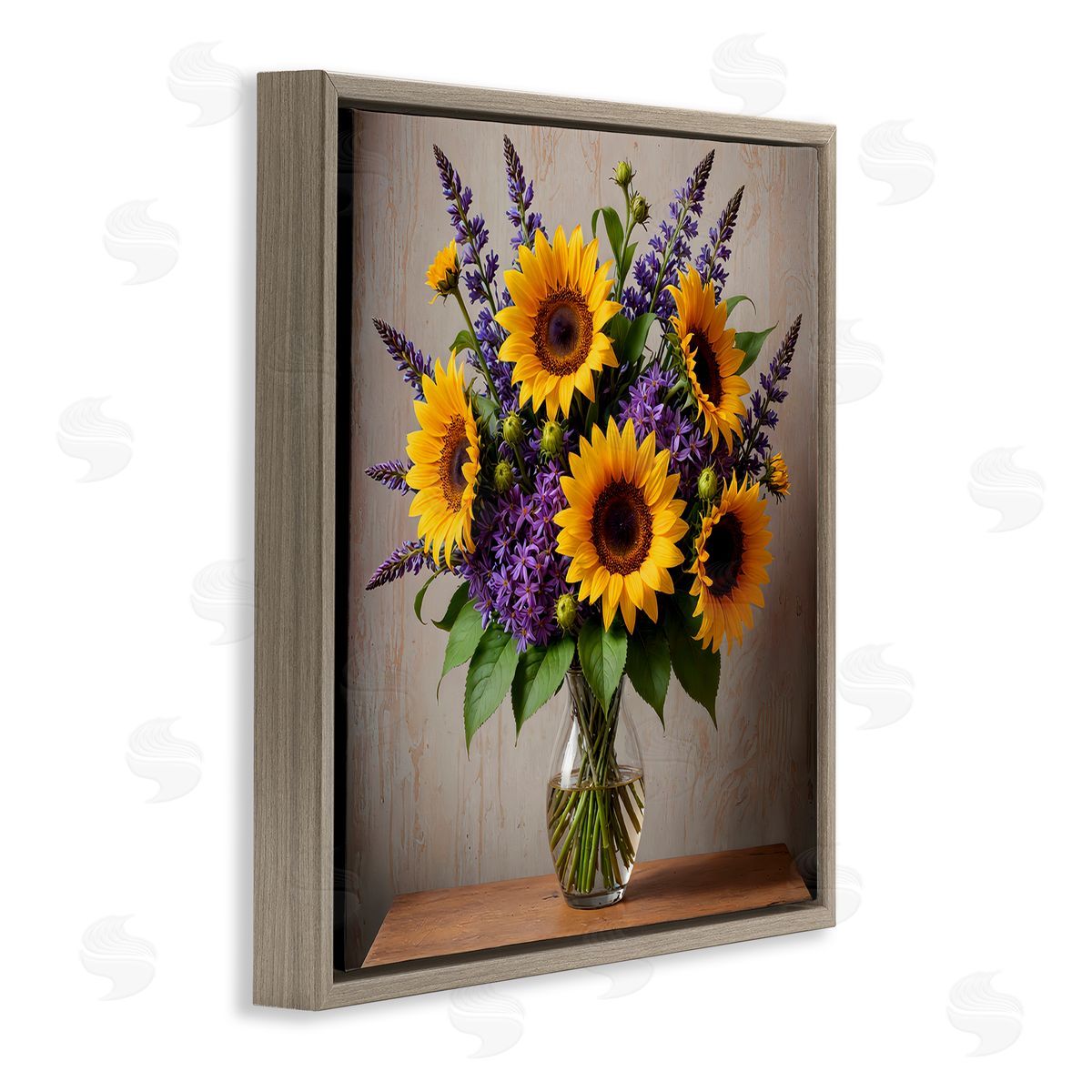 Yuri Khrushch Sunflower & Lavender Bouquet Brown Floating Frame Canvas Wall Art Print