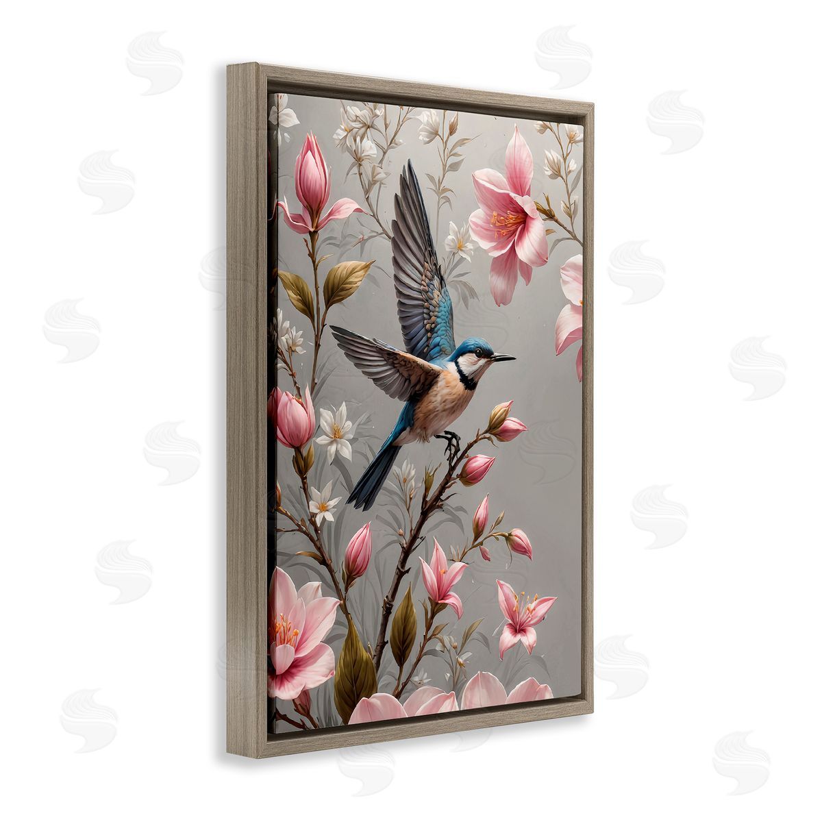 Yuri Khrushch Soft Pink Florals with Bird Brown Floating Frame Canvas Wall Art Print