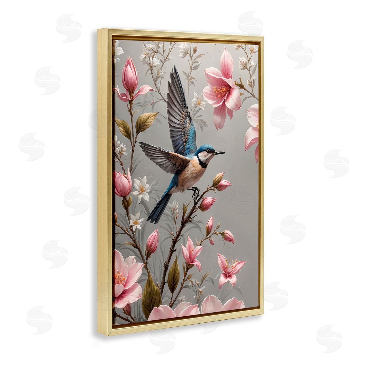 Yuri Khrushch Soft Pink Florals with Bird Gold Floating Frame Canvas Wall Art Print
