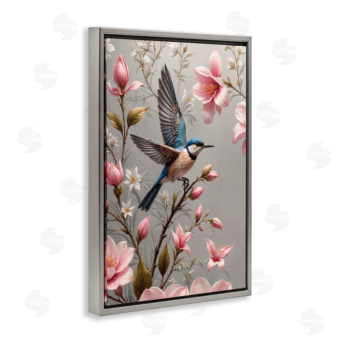 Yuri Khrushch Soft Pink Florals with Bird Gray Floating Frame Canvas Wall Art Print