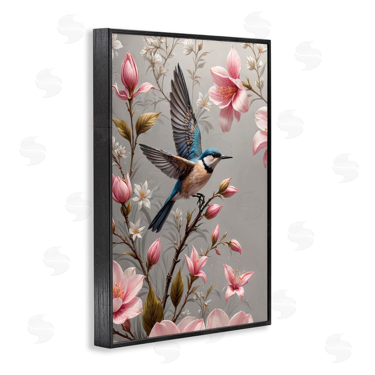 Yuri Khrushch Soft Pink Florals with Bird Black Framed Giclee Wall Art Print