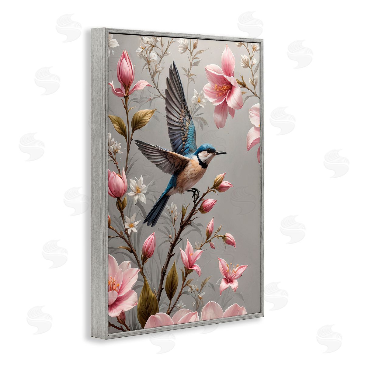 Yuri Khrushch Soft Pink Florals with Bird Gray Framed Giclee Wall Art Print