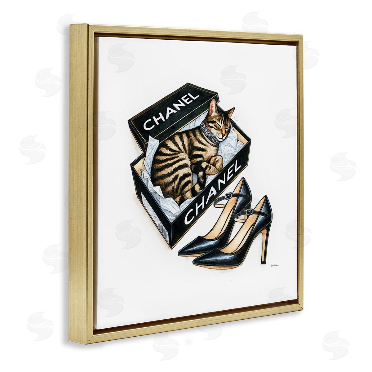 Amanda Greenwood Sleeping Cat in Shoe Box Gold Floating Frame Canvas Wall Art Print