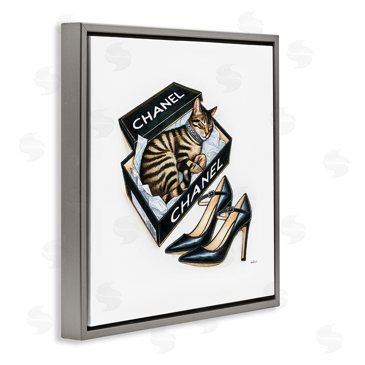 Amanda Greenwood Sleeping Cat in Shoe Box Gray Floating Frame Canvas Wall Art Print