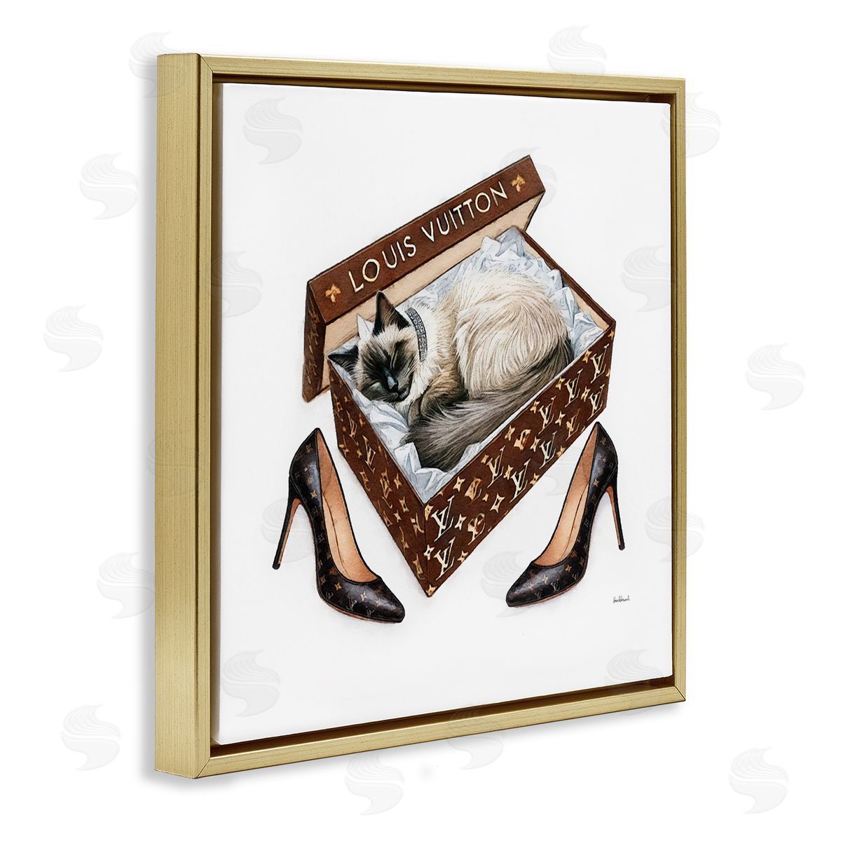 Amanda Greenwood Kitty Sleeping Heels Box Gold Floating Frame Canvas Wall Art Print