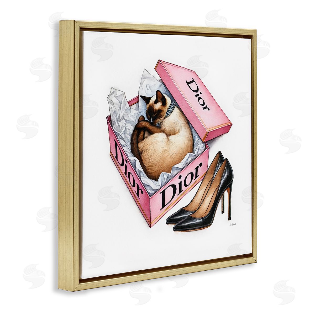 Amanda Greenwood Pink Shoebox with Cat Gold Floating Frame Canvas Wall Art Print