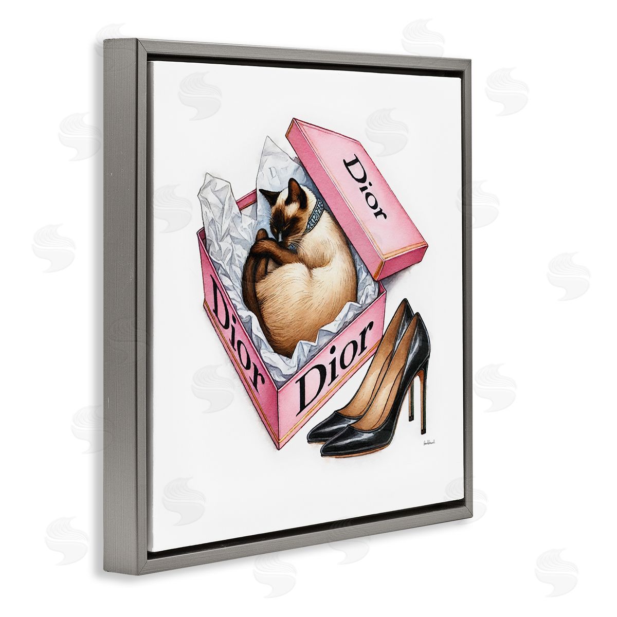 Amanda Greenwood Pink Shoebox with Cat Gray Floating Frame Canvas Wall Art Print