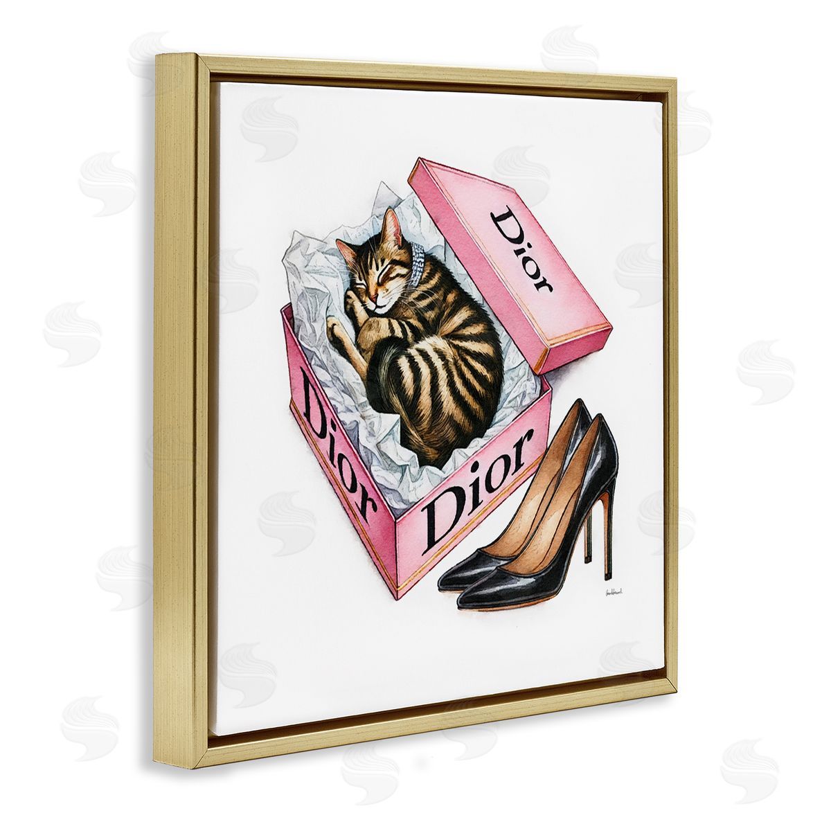 Amanda Greenwood Pink Shoebox with Kitten Gold Floating Frame Canvas Wall Art Print