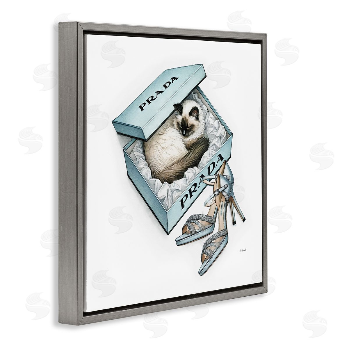 Amanda Greenwood Sleepy Kitten in Shoebox Gray Floating Frame Canvas Wall Art Print