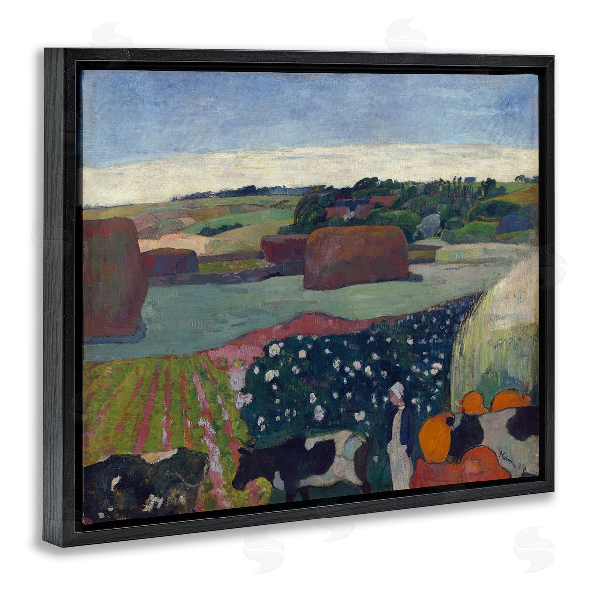 one1000paintings Classic Haystacks in Brittany Black Floating Frame Canvas Wall Art Print
