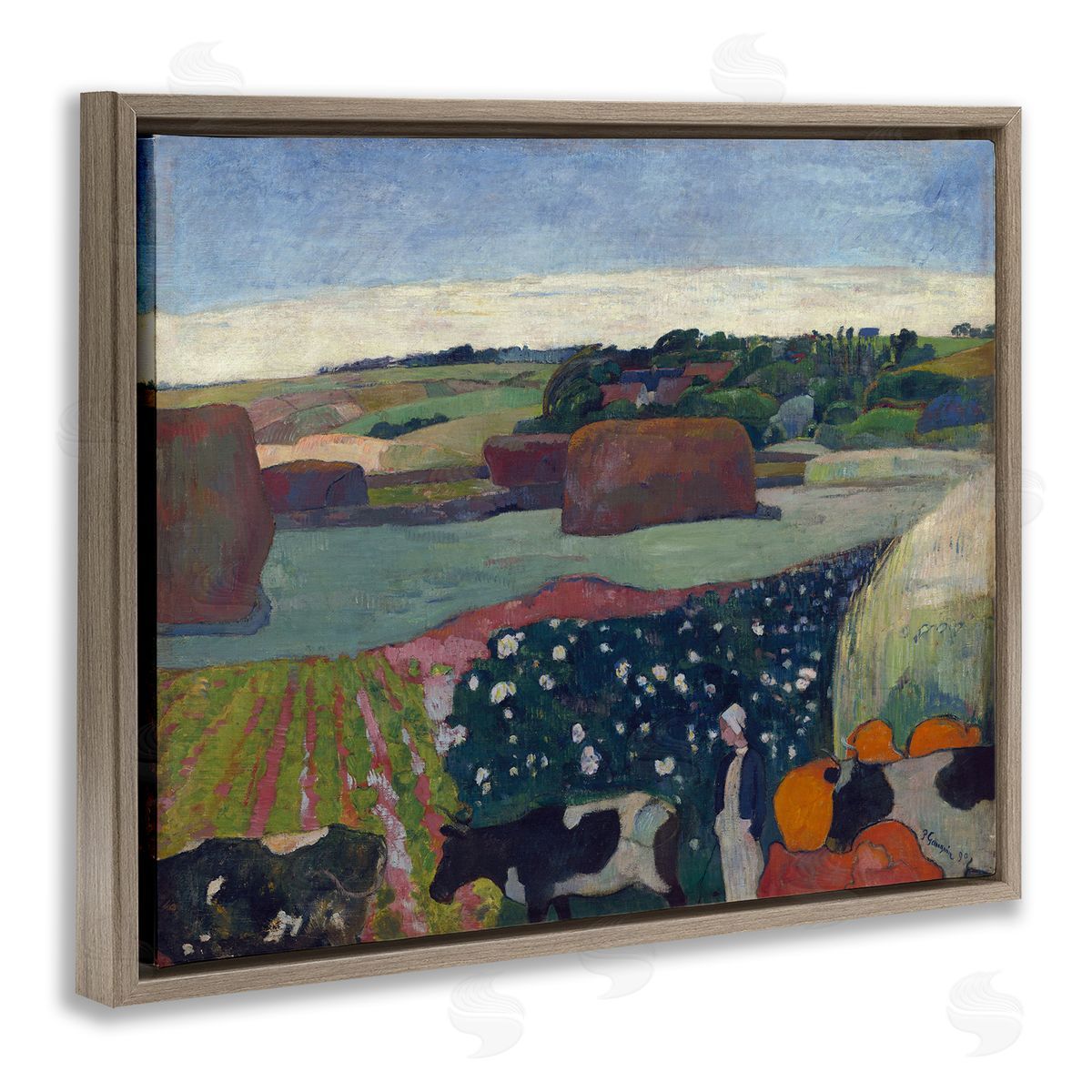 one1000paintings Classic Haystacks in Brittany Brown Floating Frame Canvas Wall Art Print