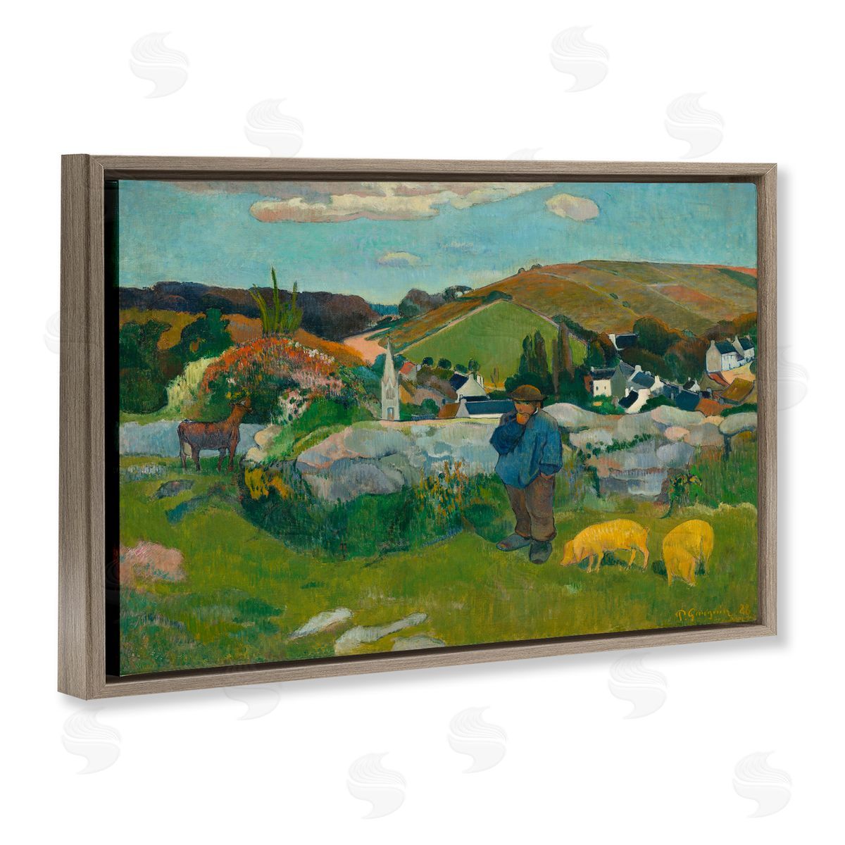 one1000paintings Classic Gauguin Swineherd Brown Floating Frame Canvas Wall Art Print