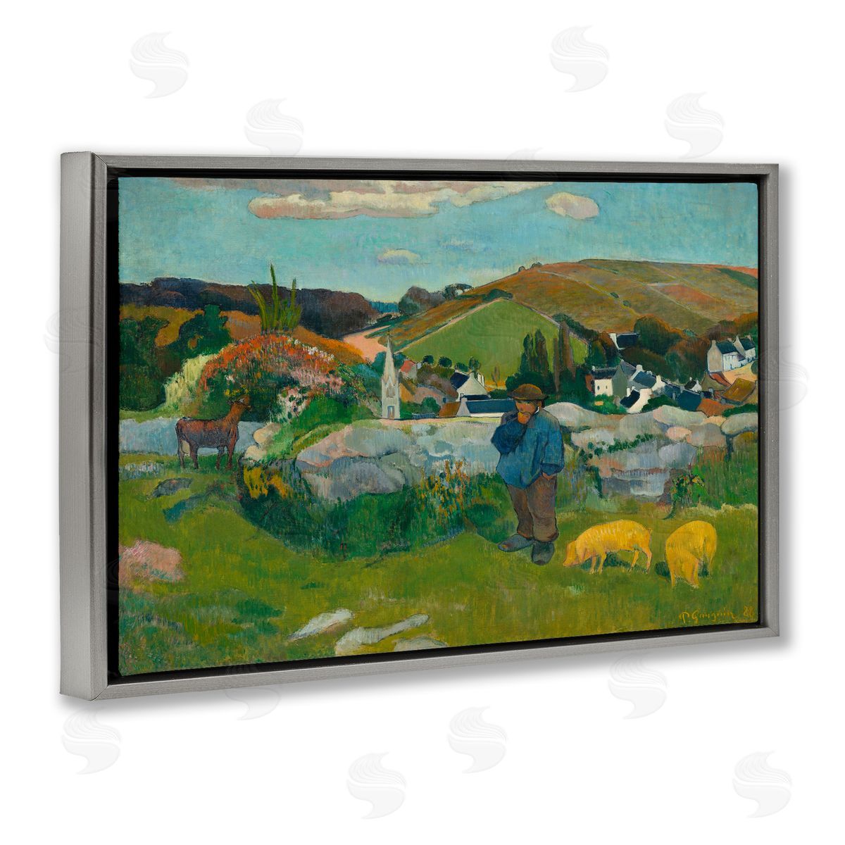 one1000paintings Classic Gauguin Swineherd Gray Floating Frame Canvas Wall Art Print