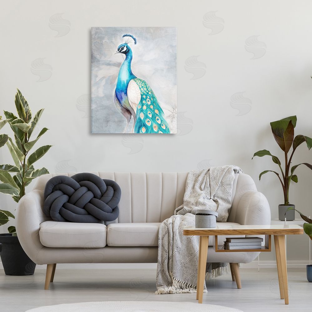 Kim Allen Elegant Blue Peacock Canvas Wall Art Print in Room
