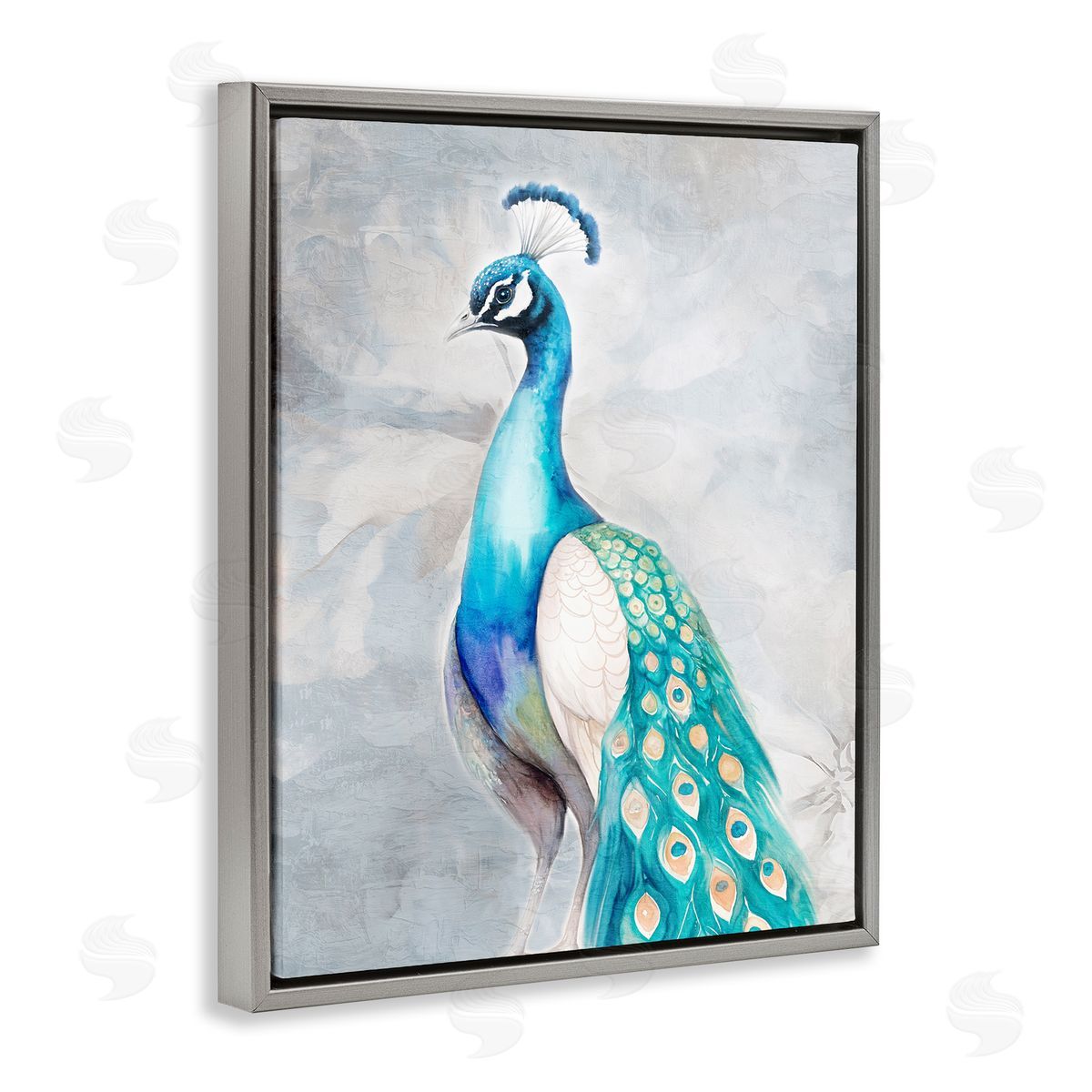 Kim Allen Elegant Blue Peacock Gray Floating Frame Canvas Wall Art Print