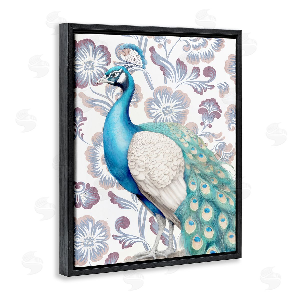 Kim Allen Peacock on Floral Pattern Black Floating Frame Canvas Wall Art Print