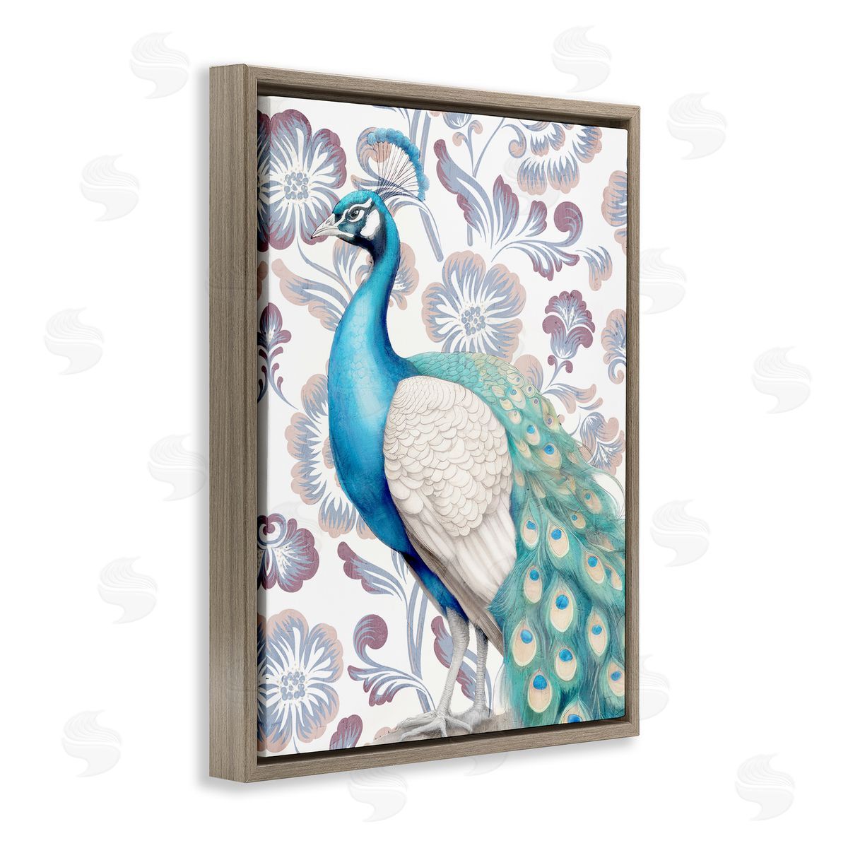 Kim Allen Peacock on Floral Pattern Brown Floating Frame Canvas Wall Art Print
