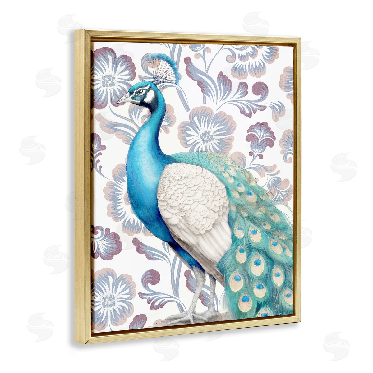 Kim Allen Peacock on Floral Pattern Gold Floating Frame Canvas Wall Art Print